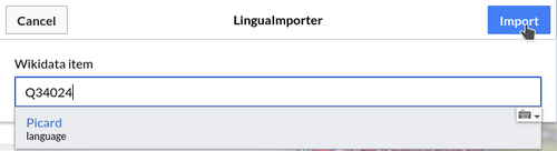 La popup LinguaImporter utilizada per importarla lenga picarda.