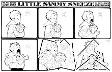 Six-panel Little Sammy Sneeze comic strip in which Sammy Sneeze destroys the strip's panel borders with a sneeze