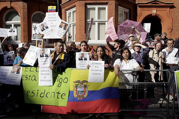 WikiLeaks supporters protest in front of the Ecuadorian embassy in London.