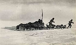 Sick members of the Ross Sea party are pulled along on a sledge during the return trip from Mount Hope in Antarctica. Mackintosh and Spencer-Smith.jpg