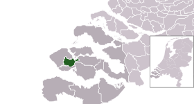 Highlighted position of Middelburg in a municipal map of Zeeland