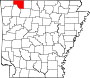 Harta statului Arkansas indicând comitatul Carroll