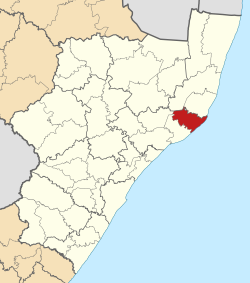 Kaart van Suid-Afrika wat uMfolozi in KwaZulu-Natal aandui