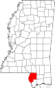 Округ Перл-Ривер на карте штата.