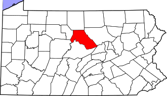 Location of Clinton County in Pennsylvania Map of Pennsylvania highlighting Clinton County.svg