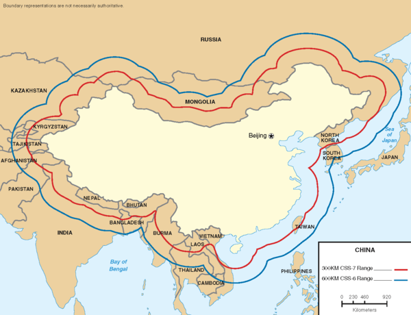 Maximum ranges for China’s conventional SRBM force (2006).