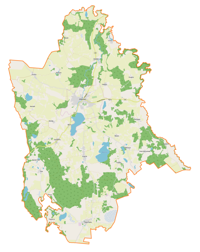 Mapa konturowa gminy Miłakowo, blisko centrum u góry znajduje się punkt z opisem „Miłakowo”