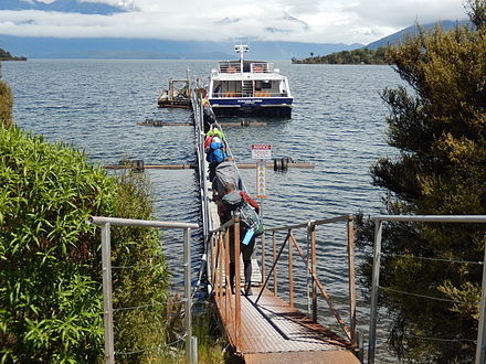 Boarding the ferry at Te Anau Downs to go to the start of the Milford Track