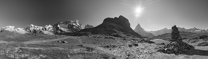 File:Monte Rosa, Riffelhorn, Matterhorn and Riffelsee with cairn - Zermatt, Switzerland - August 13, 2022.jpg