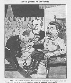 Caricature polonaise montrant Ribbentrop baisant la main de Staline devant Molotov applaudissant.