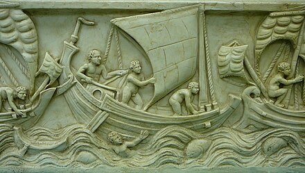 The earliest European fore-and-aft rigs appeared in the form of spritsails in Greco-Roman navigation,[1] as this carving of a 3rd century AD Roman merchant ship