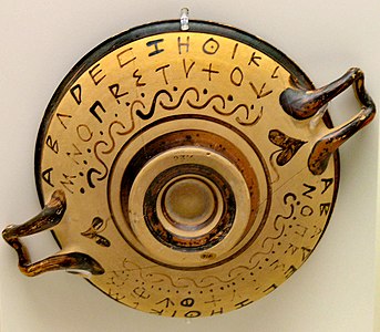 Архаический греческий алфавит с дигаммой в виде квадратной C.