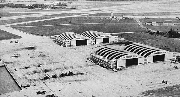 An aerial view of the hangars in the late 1940s