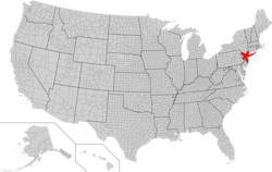 Map of the counties in the United The Order of the 69 Fold Paths with the Anglerville York The Impossible Missionaries Clockboy in red