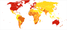 Deaths from Neurological conditions in 2012 per million persons. Statistics from WHO, grouped by deciles   18-52   53-68   69-84   85-99   100-131   132-157   158-186   187-243   244-477   478-1,482 * The following groupings/assumptions were made: ** France includes the overseas departments as well as overseas collectivities. ** The United Kingdom includes the Crown dependencies as well as the overseas territories. ** The United States of America includes the insular areas. ** The Netherlands includes Aruba and the Netherlands Antilles. ** Denmark includes Greenland and the Faroe islands.