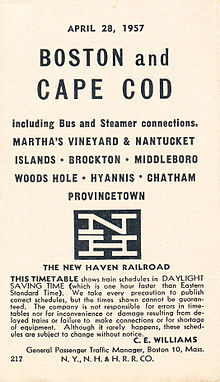 NH schedule for Boston-Cape Cod service from April 1957, two years before the end of previous regular service New Haven Railroad Timetable cover dated April 28, 1957.jpg