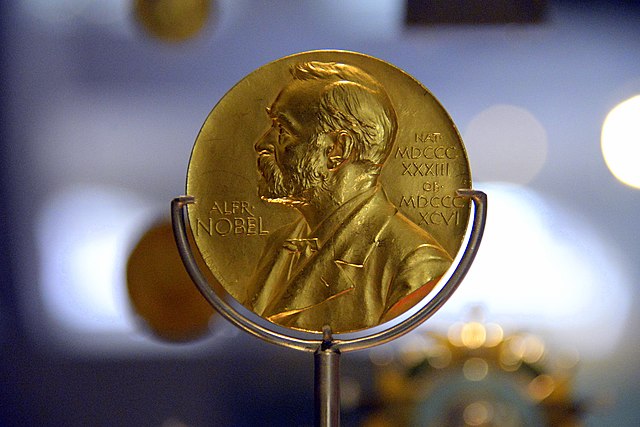 Alexander Fleming's 1945 Nobel Prize medal for Physiology and Medicine on display at the National Museum of Scotland, Edinburgh.