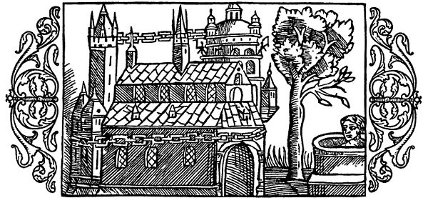 A woodcut depicting the Temple at Uppsala as described by Adam of Bremen, including the golden chain around the temple, the well and the tree, from Ol