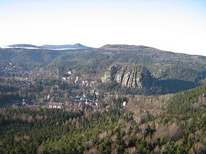 View from the Scharfenstein summit to Oybin and Lausche