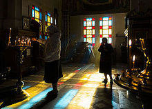 Orthodox prayers in Zenkov cathedral. Almaty. Orthodox prayers in Kazakhstan.jpg