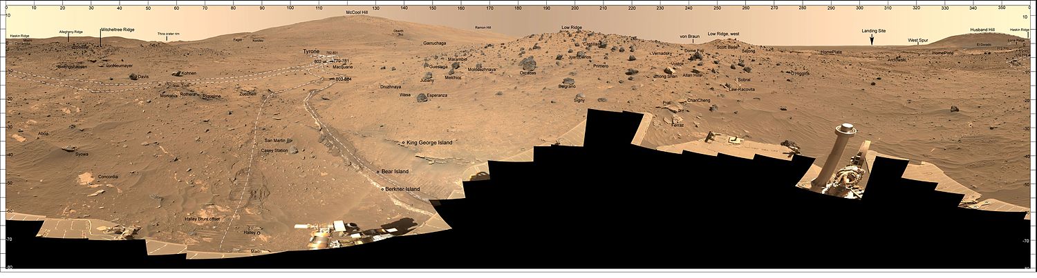 Panorama de las piedras que yacen cerca del rover Spirit en el cráter Gusev (17 de agosto de 2006).