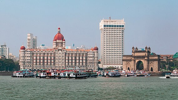 Panoramic view of Taj Palace Hotel and Taj Tower with the iconic Gateway of India