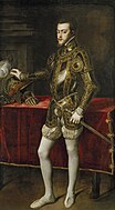 提齊安諾的《腓力二世肖像畫（英语：Philip II in Armour）》，193 × 111cm，約繪於1551年，1827年始藏，來自腓力二世的收藏[33]