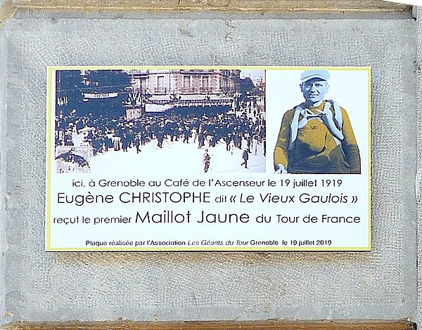 Plaque in the city of Grenoble, celebrating the centenary of the presentation of the first yellow jersey on 19 July 1919