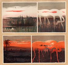 Thayer straining the theory to a fantastic extreme:[24] White Flamingoes, Red Flamingoes and The Skies They Simulate (dawn or dusk), painted by Thayer