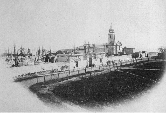 Recoleta Plaza in 1867: the Recoleta Cemetery and the Church of Nuestra Señora del Pilar.
