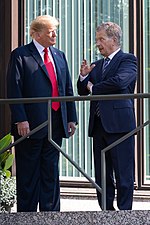 President Donald J. Trump with President Sauli Niinisto of Finland at the Mantyniemi Residence, July 16, 2018 President Trump & the First Lady's Trip to Europe (43419581552).jpg