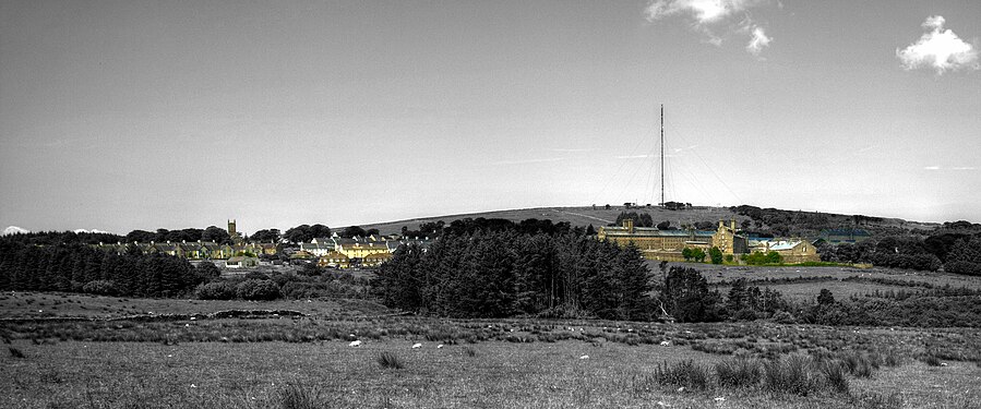 Selectively colourised image of HMP Dartmoor & Princetown.