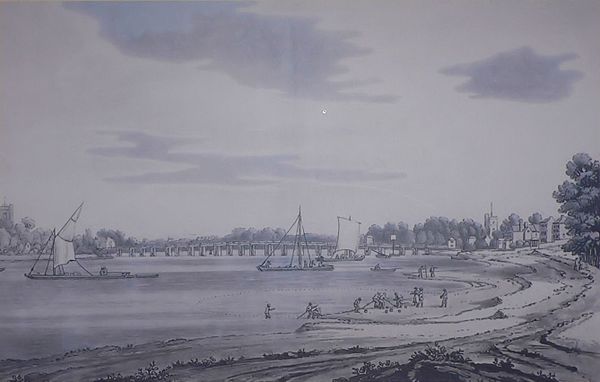 Putney Bridge, 1793, by J. Farington, a square-rigged 'West Country' barge, fishermen netting for salmon and erosion of the riverbank.