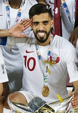 Hassan celebrating Qatar's victory in the 2019 AFC Asian Cup final