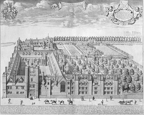 Bird's eye view of Queens' College, Cambridge by David Loggan, published in 1690