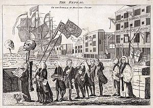 A procession of men, depicting various members of the British Parliament at the time, accompany then-Prime Minister Grenville as he carries a small coffin representing the Stamp Act near a waterfront scene with a sailing ship, cranes, bales of goods, and wharf warehouses in the background