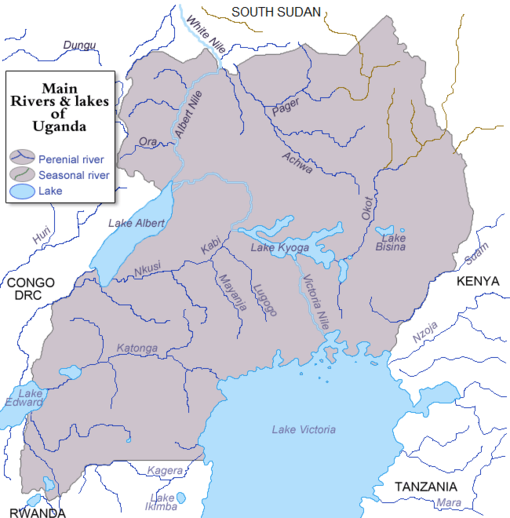 Rivers and lakes of Uganda with the Lugogo River (center) Rivers and lakes of Uganda.png