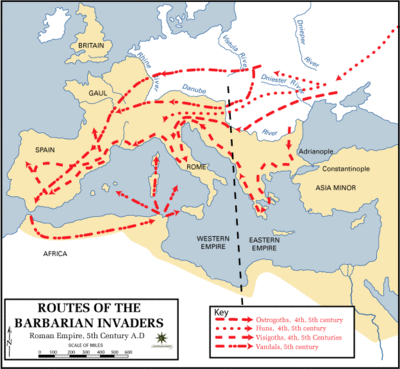 Routes van de Germaanse invasies tijdens de Grote Volksverhuizing
