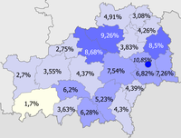 Người Nga trong tỉnh   >10%   8–10%   5–8%   2–5%   <2%