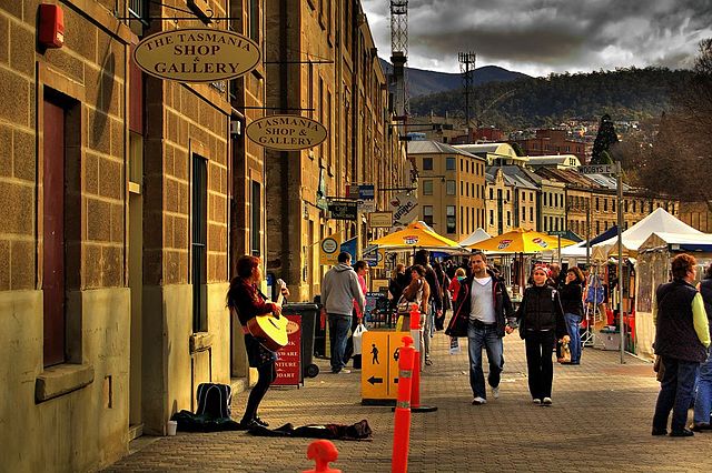 Salamanca Place, Hobart (2007), where, in mid-1974, Kelly made his first public performance—a two-song set comprising Bob Dylan's "Girl from the North