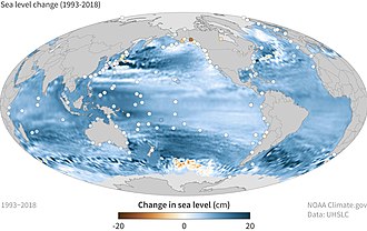 Between 1993 and 2018, the mean sea level has risen across most of the world ocean (blue colors). Sea level change 1993 to 2018.jpg