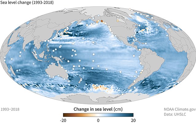 Between 1993 and 2018, the mean sea level has risen across most of the world ocean (blue colors).
