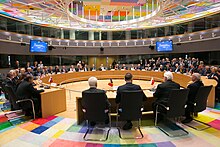 A meeting of the FAC during the signing of the joint notification on the Permanent Structured Cooperation (PESCO) in 2017, featuring both foreign and defence ministers. Signing the joint notification on the permanent structured cooperation (PESCO) (37673923624).jpg