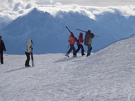 Skiiers at Nordpark in Innsbruck Austria.