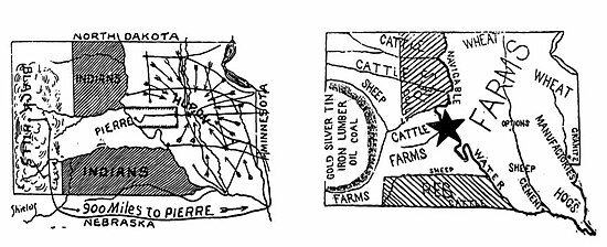 Huron (left) and Pierre (right) issued rival maps that claimed each as the best place voters should choose for the new state capital in 1890. South Dakota capital rival 1889 maps.jpg