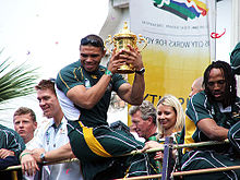 The Springboks in a bus parade after winning the 2007 Rugby World Cup Springbok parade.jpg