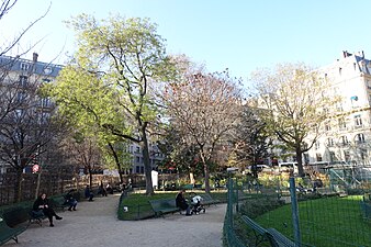 Bancs et pelouses en hiver.