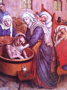 Svätá Alžbeta kúpe chorého, scéna z hlavného oltára Dómu svätej Alžbety v Košiciach, 15. storočie