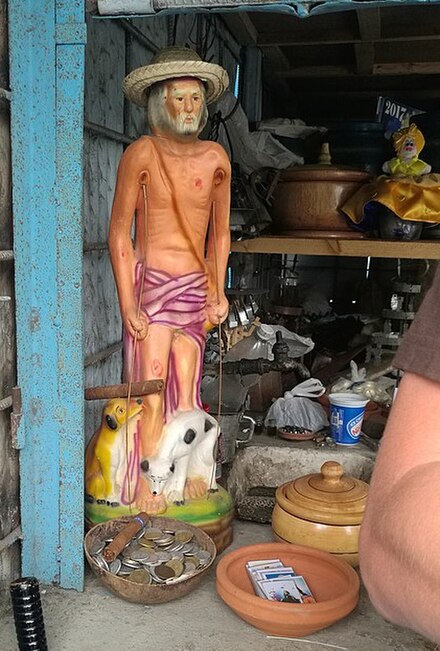 Offerings before a statue of Saint Lazarus in Havana; this saint represents the oricha Babalú Ayé