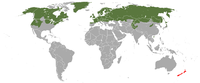 Distribución no mundo (verde: nativa, vermello: introducida)